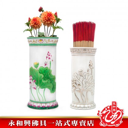 永和興描金彩色白色蓮花香筒花瓶/花瓶/香筒/蓮花花瓶/蓮花香筒/拜觀音/拜佛祖-Wing Woh Hing Vase